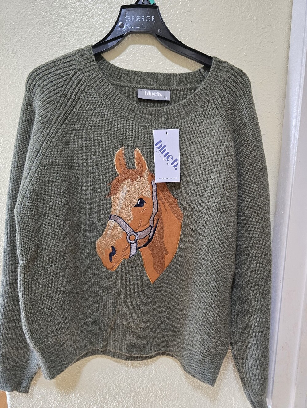 Blue Olive Green Horse Embroidered Sweater